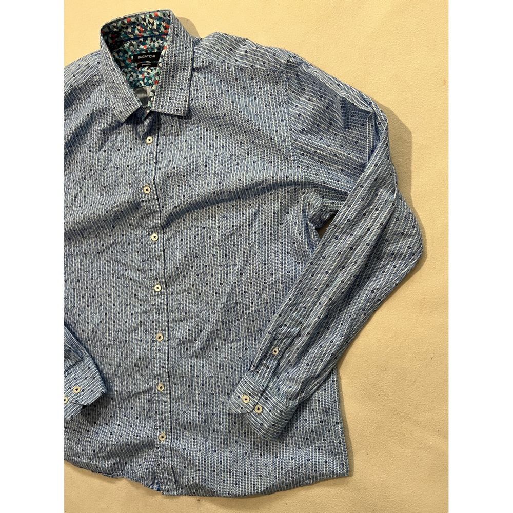 BUGATCHI Men's Shaped Fit Blue Striped Micro Dot Dress Shirt Long Sleeve Cotton - Picture 2 of 12